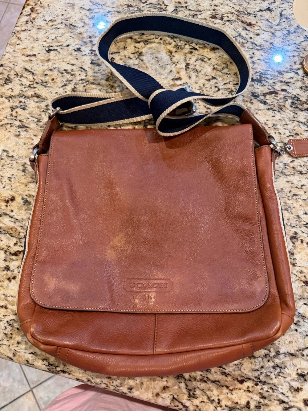 Coach Heritage Web Leather Map Bag with blue nautical strap euc crossbody
